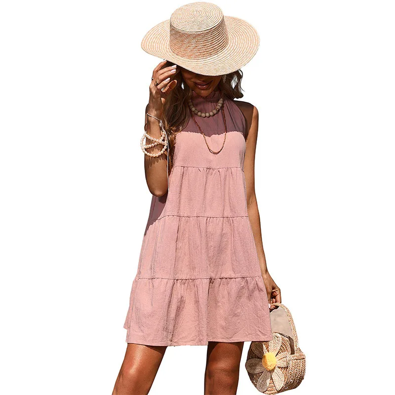 Pink Dress Summer Women Sleeveless Stand Collar Cotton Linen Loose Casual Brief Mini Sun Dresses 2022 New Trending Vestidos