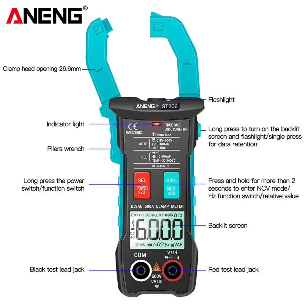 ANENG ST206 6000 Counts True RMS Amp DC/AC Current Clamp Measure Amperimetro Tester Voltmeter Digital Multimeter Clamp Meter