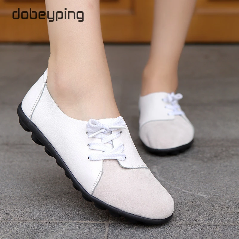 dobeyping New Genuine Leather Women Flats Spring Autumn Woman Shoes Lace Up Women's Loafers Solid Female Casual Shoe Size 35-44