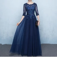 elegant navy blue mother of the bride dresses half sleeves sheer with applique lace up back floor length mothers gowns cheap