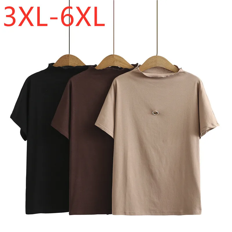 

New 2021 Ladies Spring Summer Plus Size Tops For Women Large Short Sleeve Loose Cotton Turtleneck Khaki T-Shirt 3XL 4XL 5XL 6XL