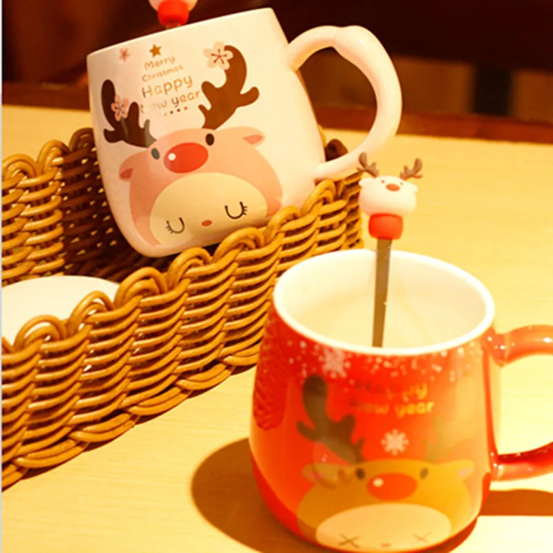 

350ml Ceramic Mug Creative Coffee Cup With Lid And Spoon Tea Milk Cups Child Christmas Elk Mugs Kids Gift Red Pink Couple Cups