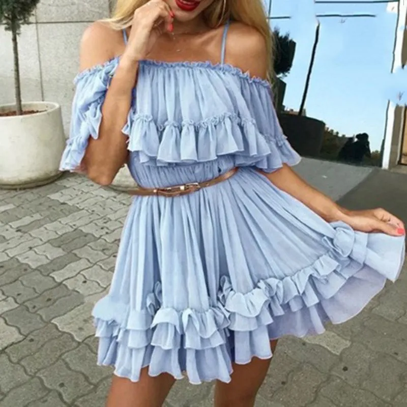 Женское шифоновое платье с открытыми плечами плиссированное короткое