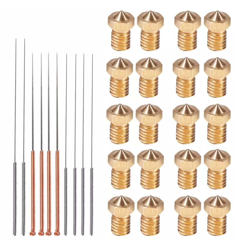 20 PCS M6 3D Printer Nozzles with 10PCS Cleaning Needles Kit, V6 V5 Brass Exruder Nozzle Print Head for E3D Makerbot