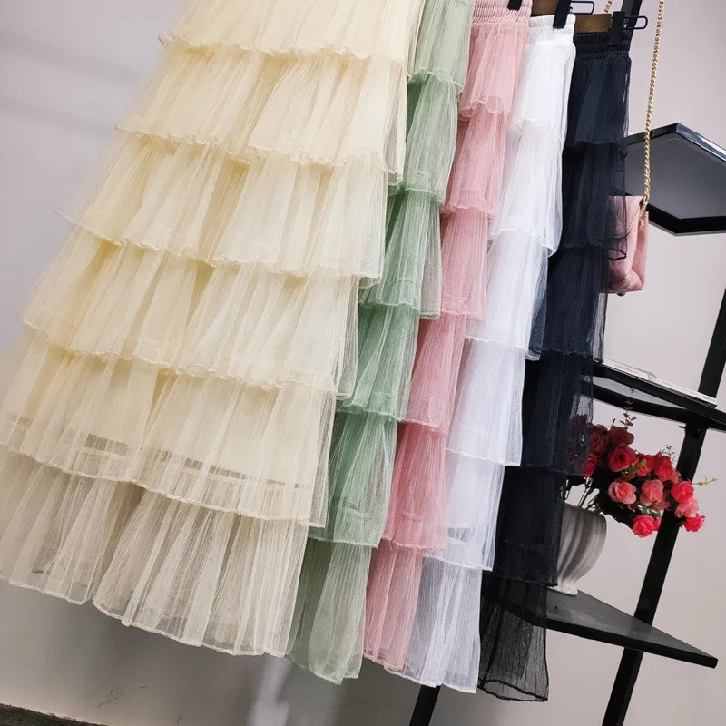 

Fashion Maxi Long Cake Skirts Womens Elastic High Waist Multi-Layer Mesh Tulle Skirt Women Spring Summer Black Skirt Falda C6090