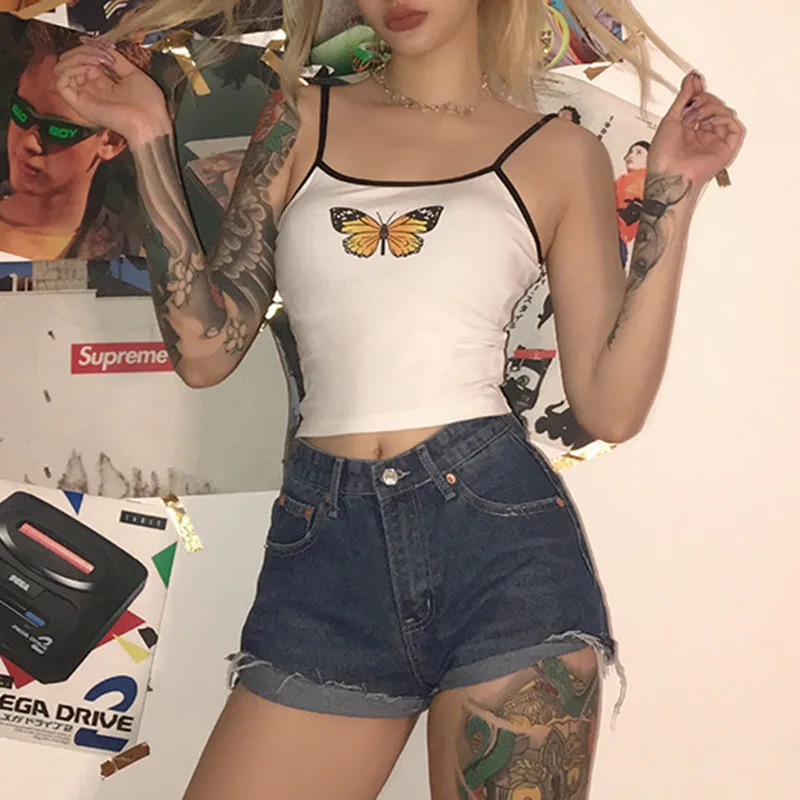 Женский укороченный топ на бретельках с открытой спиной и принтом в виде