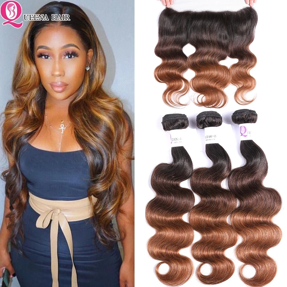 Ombre Bundles With Frontal Closure Peruvian Human Hair Bundles With Frontal Blonde Colored 1B/4/30 Body Wave Bundles And Closure