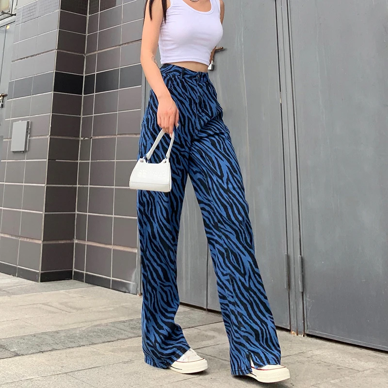 

Blue Mom Jean Y2K Strip Print Loose Women Denim Pants High Quality High Waist Fashion Trousers Harajuku Streetwear Jeans Egirl