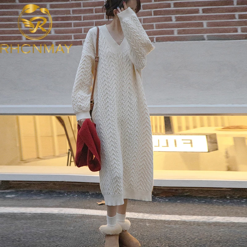 

Женское вязаное платье, новое корейское шикарное платье-свитер в стиле ретро на осень и зиму, женские нежные однотонные длинные платья, 2021