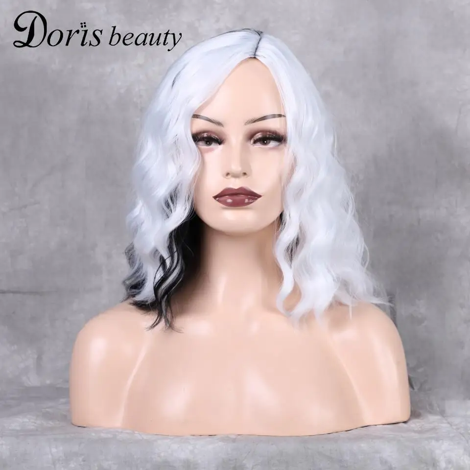 

Парик для косплея Doris Beauty с короткими волнистыми волосами, Женские синтетические волосы белого и черного цвета, длина по плечам, средняя час...