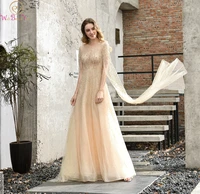 champagne luxury beading crystal fairy a line evening dresses long illusion back formal party prom gowns robe de soiree 2019 new