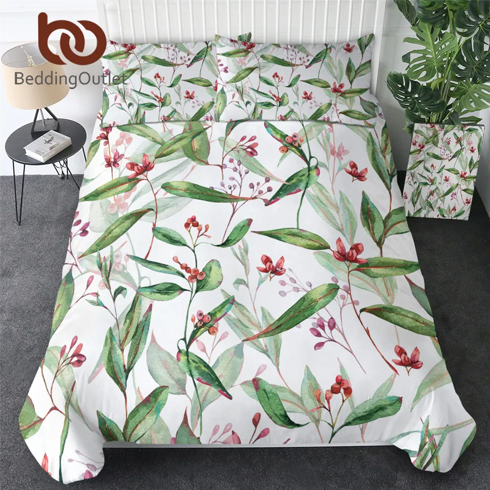 BeddingOutlet зеленая фотография пододеяльник с листьями растений цветущий эвкалипт