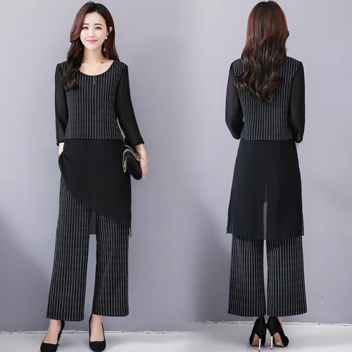 

Осеннее платье большого размера женское платье в полоску из шифона комплект из двух предметов топ и штаны Лоскутная модная женская одежда ...