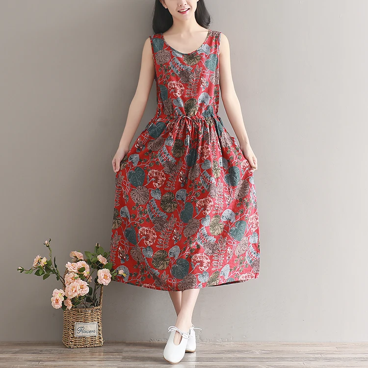 

New Fashion Women Summer Dresses Retro Loose Sleeveless Print Casual Dress Ladies Maxi Long Dress Vestidos Women Clothing