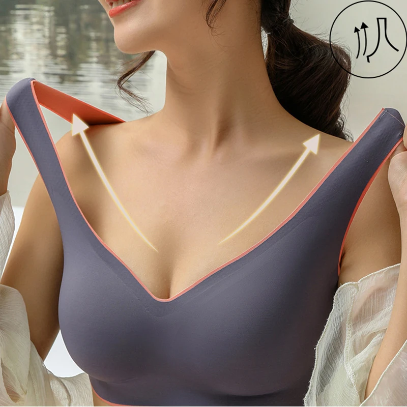 

FINETOO Women Latex Seamless Cropped Top Bra Push Up Bralette Underwear Lingerie For Girls Gathers Female Ice Silk Intimates