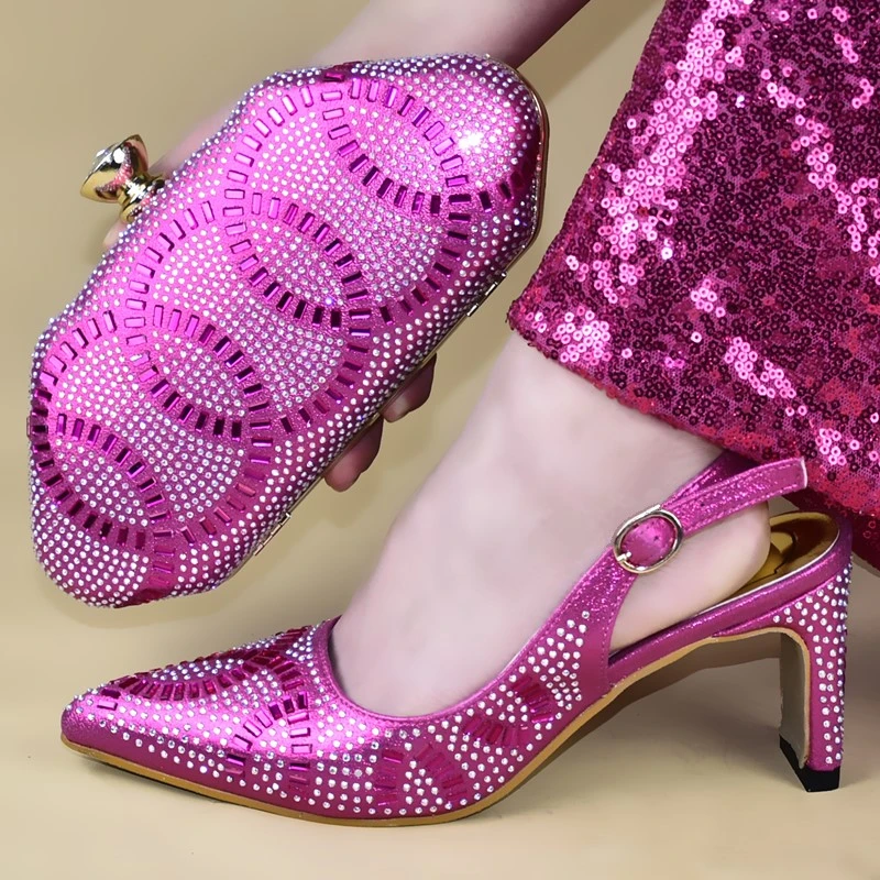Fuchsia Комплект из туфель и сумочки; женские туфли-лодочки; женские свадебные туфли и сумочка в комплекте; роскошная женская обувь; женские босоножки на высоком каблуке - Цвет: Fuchsia