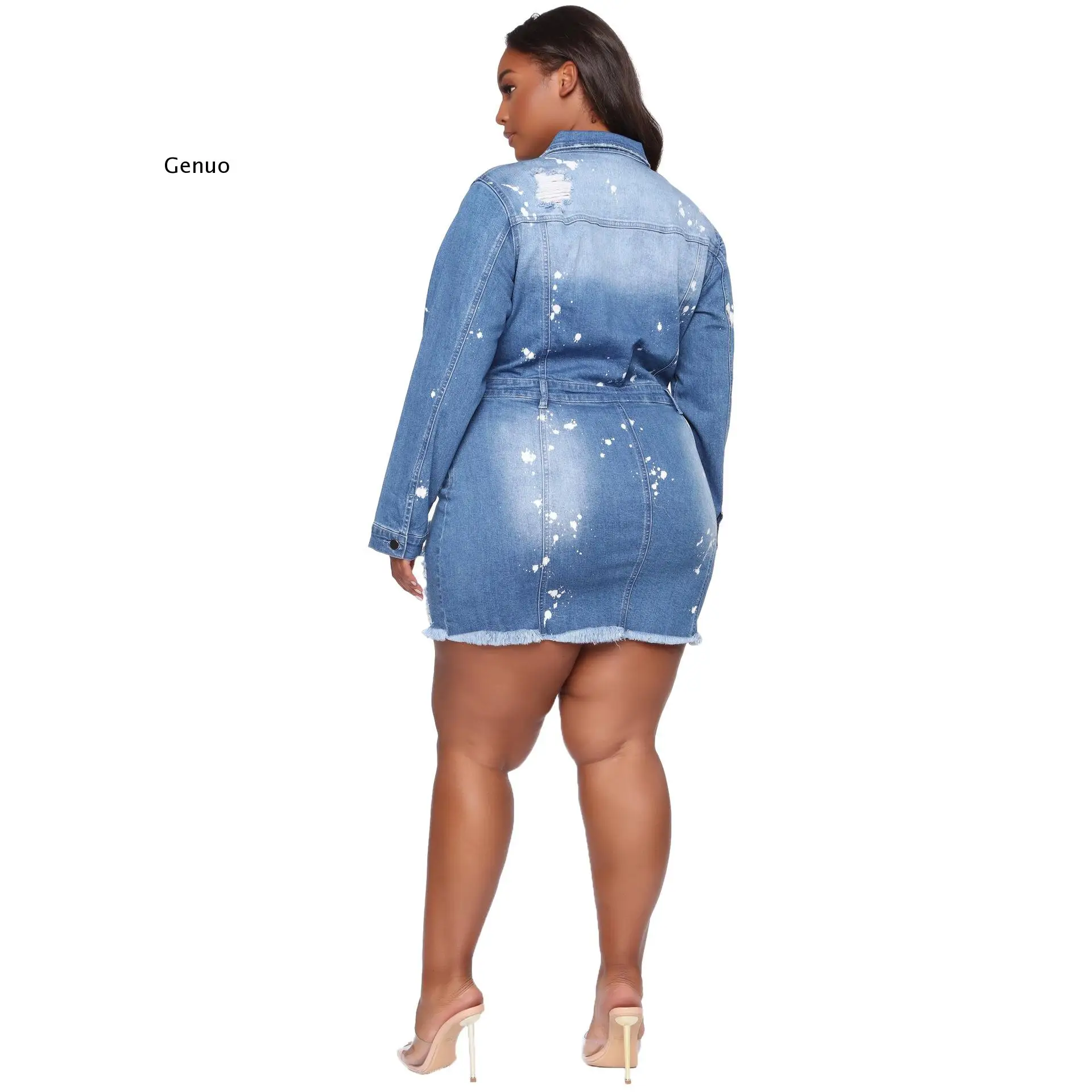 Размера плюс 3XL приталенное джинсовое платье для женщин с отложным воротником