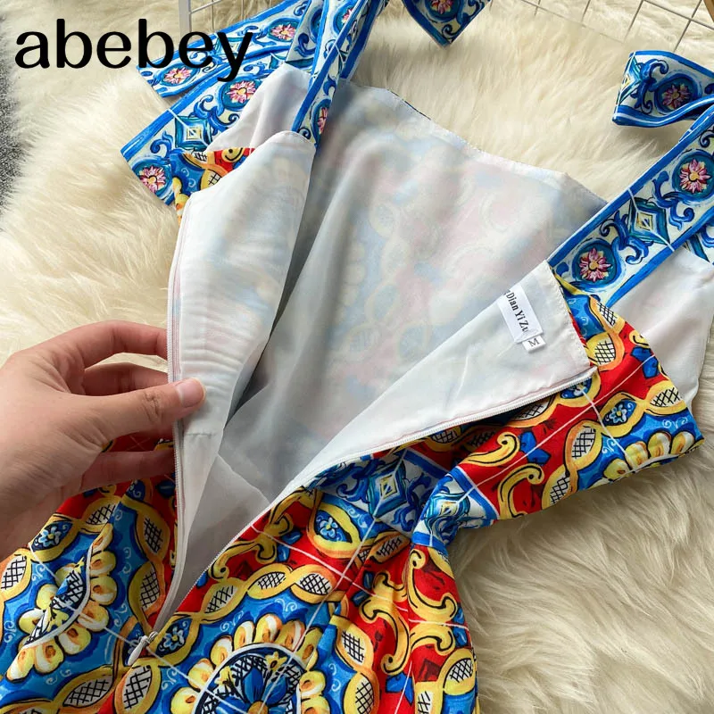 

Chic Retro Print Strap Dress Women Korean Square Collar Sleeveless Ruched Dresses Summer Sexy Off Shoulder Midi Dress