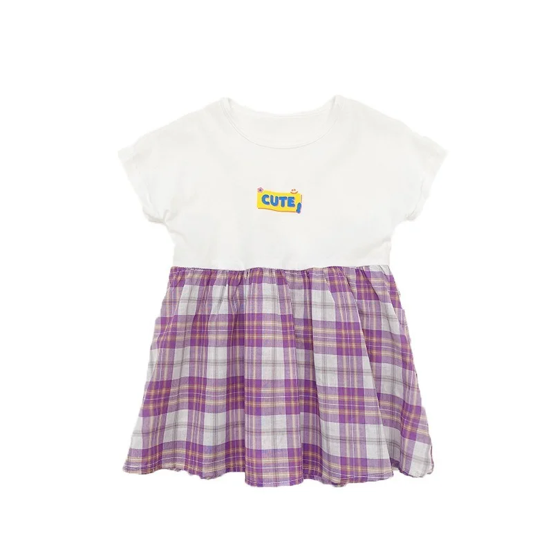 

Girls summer fashion patchwork plaid short sleeve casual dress 2021 Kids Children Loose Cotton Princess Dresses
