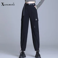 woman solid color cargo pants summer loose high waist harem ankle length pants with belt pockets personality trousers