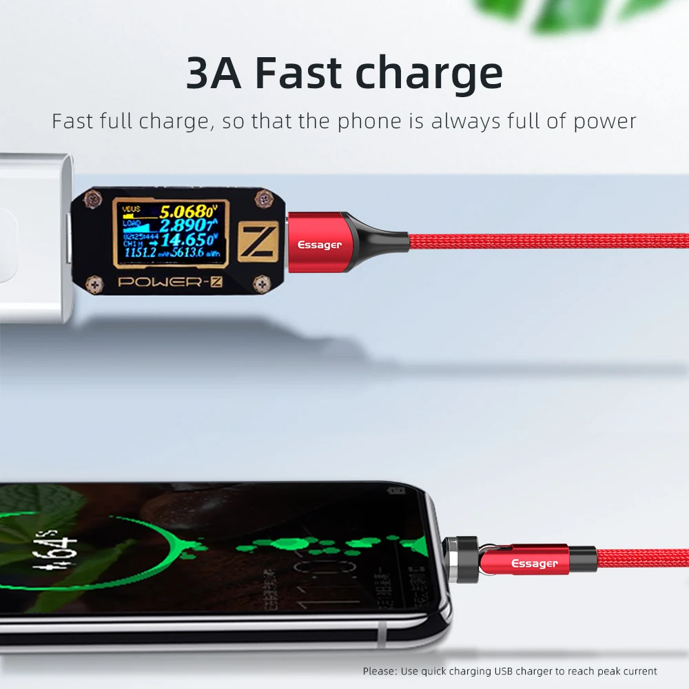 Магнитный кабель Essager с поворотом на 540 градусов 3 А Micro USB Type-C для быстрой зарядки