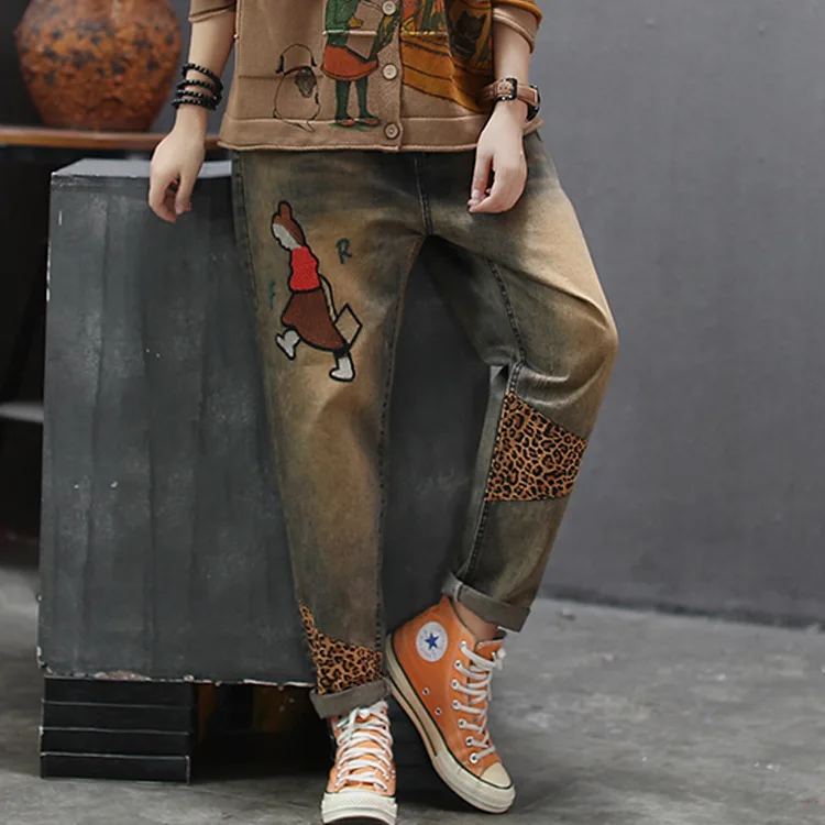 Женские джинсы осень ретро эластичная талия Свободные повседневные джинсовые