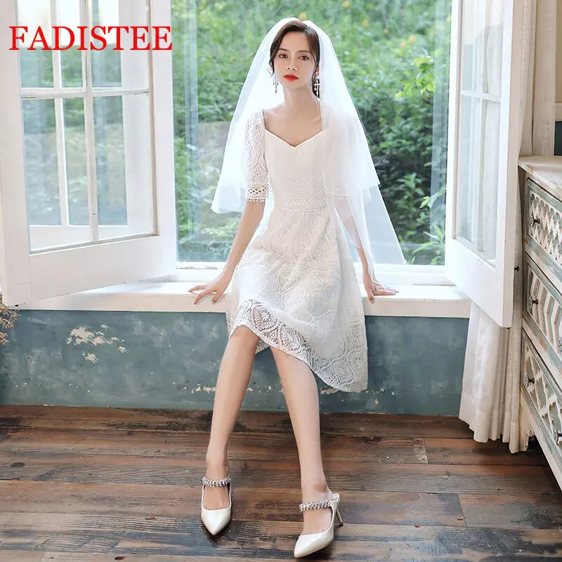 

New lace short sleeves elegant party wedding dress Vestido de Festa A-line zipper travel screen Autumn summer