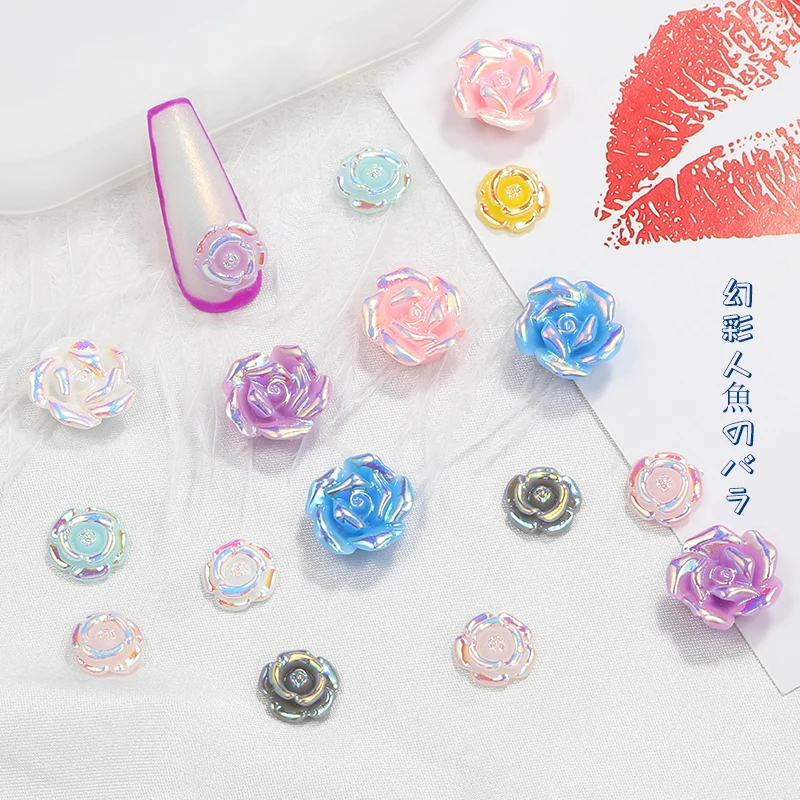 

10 Pieces of Mixed Magic Color Mermaid Rose Flower Nail Decoration Resin Flower Nail Jewelry DIY Embossed Nail Art Accessories
