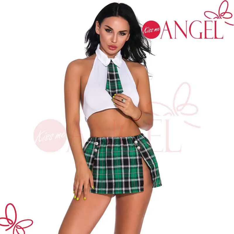 KISS ME ANGEL perspective bra set top grid skirt naughty school girl sexy costume |