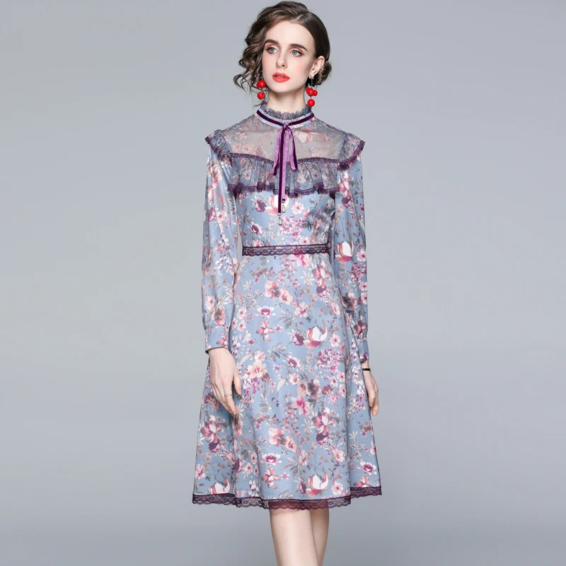 

JSXDHK New Fashion Runway Spring Women Ruffles Dress Elegant Women Stand Collar Flower Print Bow Splicing Lace A Line Dresses