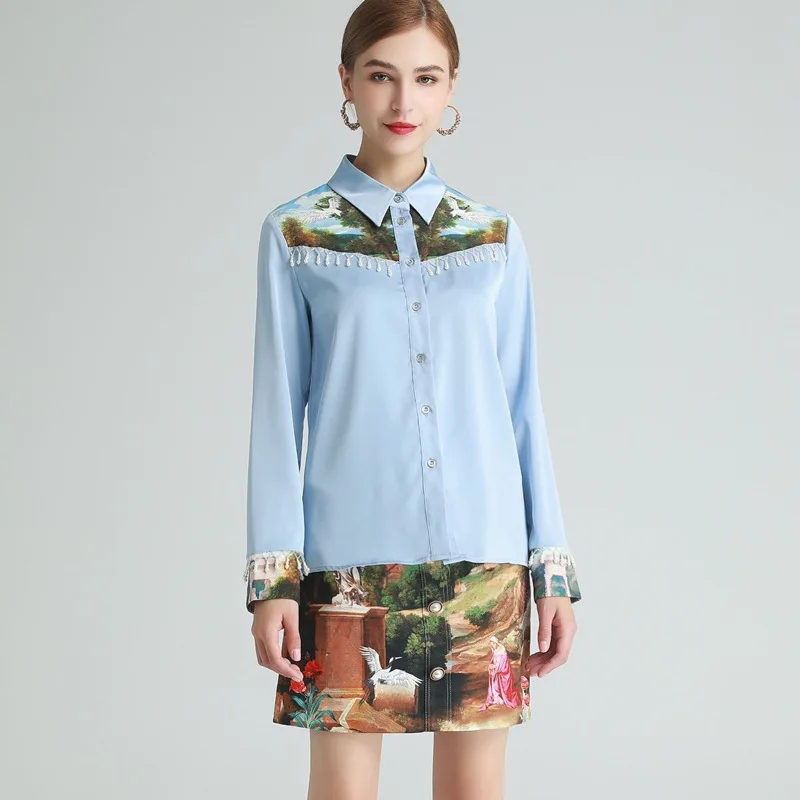 

2021 SPRING SPREAD COLLAR PRINT LONG SLEEVE TOP & SKIRT SET
