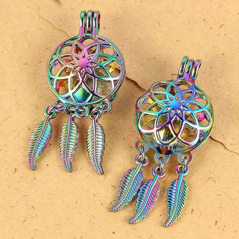 Радужный цветок Ловец снов листья бусины лист клетка кулон эфирное масло