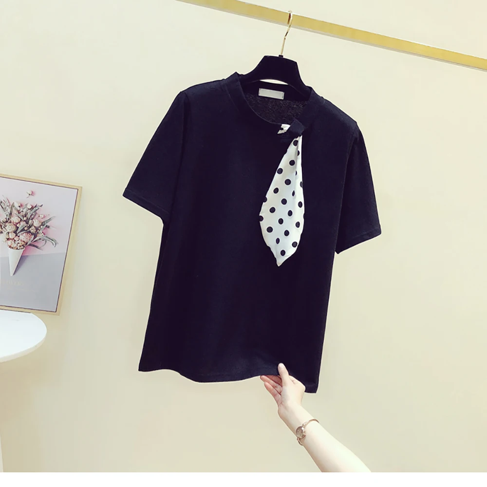 

Summer Short Sleeve Dots Cotton T Shirt Women Korean Fashion Patchwork Tie Thin Loose Baggy Tops O-Neck White Black S-XL Clothes