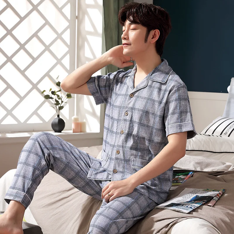 New men's spring and summer cotton short sleeve pants pajamas casual loose Plaid home wear set | Мужская одежда