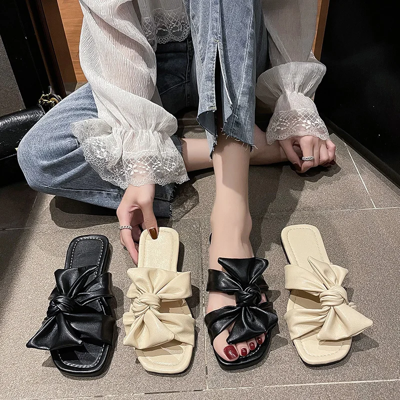 

Shoes Low Woman's Slippers Butterfly-Knot Luxury Slides 2021 Designer Flat Rubber Butterfly-knot PU Fashion Basic Flat Shoes Fem