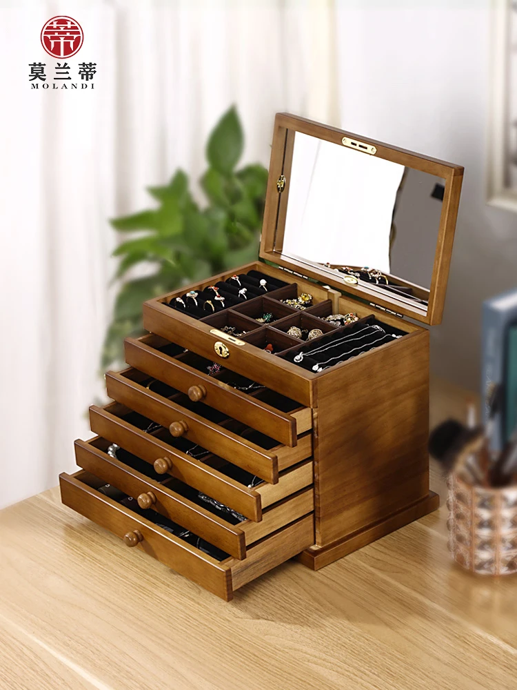 Multifunctional Large Jewelry Box Storage Solid Wood Necklace Earrings Hairpins Packing Household