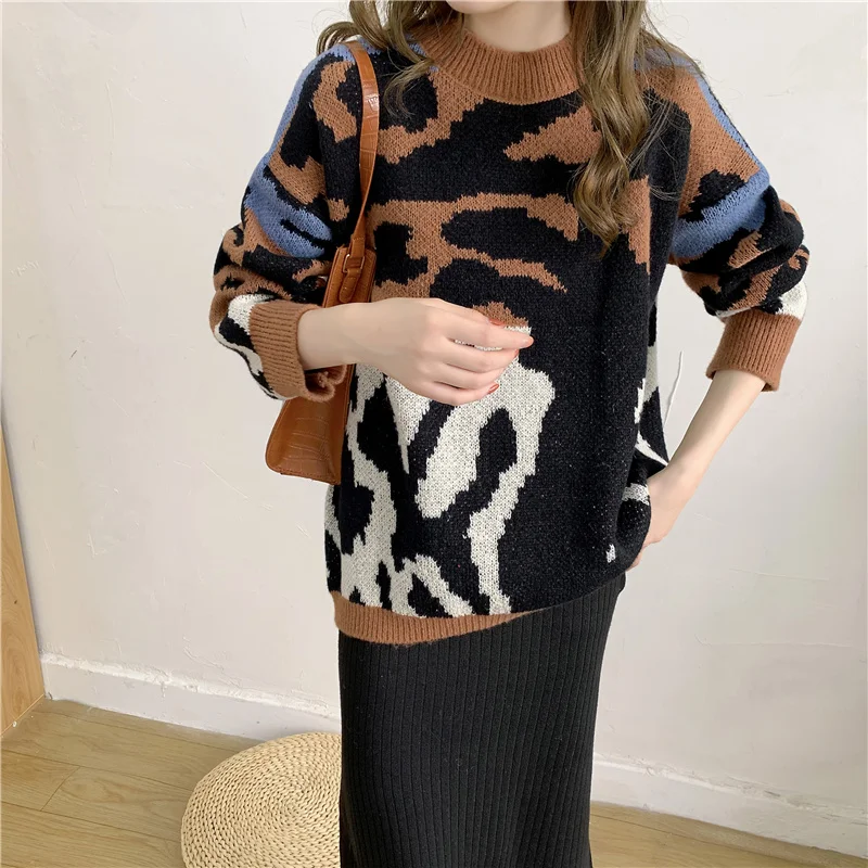

Colorblock Sweater Woman Pullovers Fashion Long Sleeve Knitted Tops Fall Winter 2021 Korean Fashion Sweater Lazy Oaf Jumpers