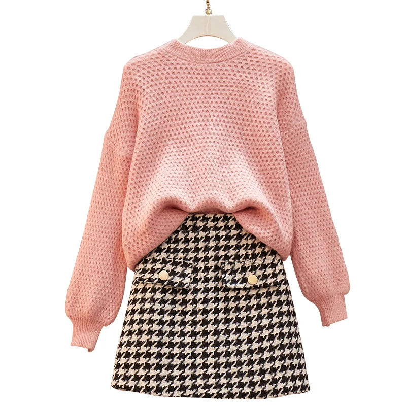 

autumn winter women sweater grid skirt 2 pcs matching set outfit knitwear van suits stylish two-piece skirts leisure clothes