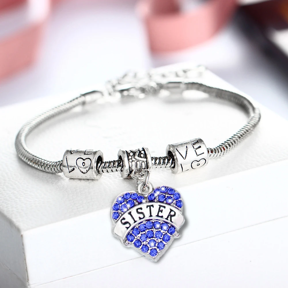 

12PC Bead Chain Bangles Blue Crystal Rhinestone Love Heart Sister Charms Pendant Bracelets Sister Best Friends Jewelry Gifts Hot