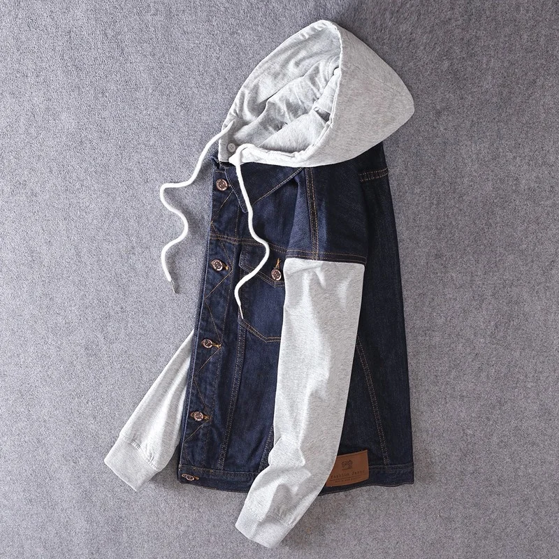 

Spring New Fashion Patchwork Denim Jacket Men Streetwear Slim Fit Hooded Safari Outwear Single Breasted Casual Cowboy Jean Coat