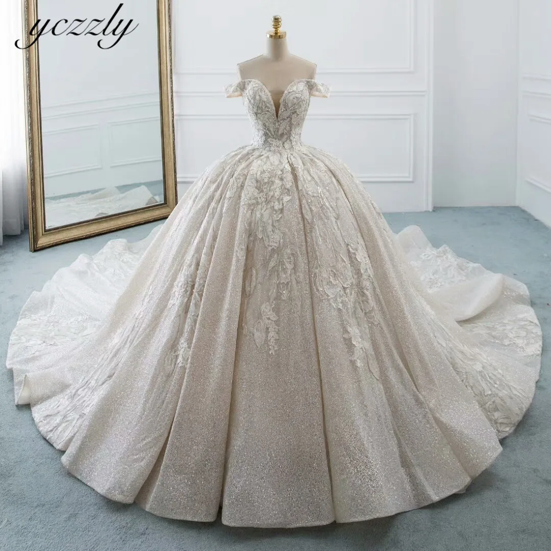 Vestidos De Novia Arabe роскошное блестящее бальное платье Дубай с открытыми плечами бисером жемчугом Аппликация Свадебное платье длинное свадебное платье YW51