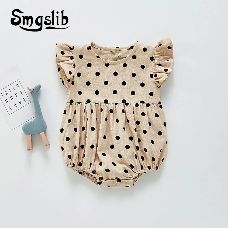 

SMGSLIB 2021 Spring Newborn Bodysuit Ruffle Short Fly Sleeve Baby Girl Bodysuit Cotton Dot Print Baby Girl Clothes Boys Jumpsuit