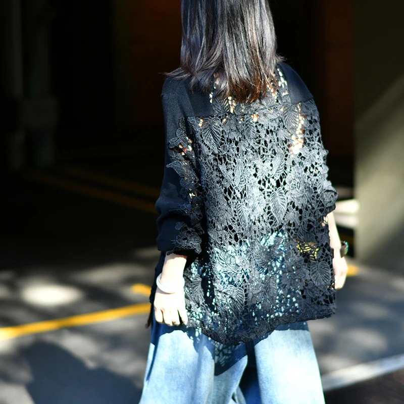 MICOCO W2022 на осень в Корейском стиле с вырезами кружевом и свободно облегающие