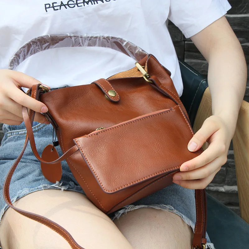 

2021 Retro Small Crossbody Bags Women Bucket Bags With Purse Genuine Leather Handbag Fashion Simple Solid Luxury Female Tote Bag