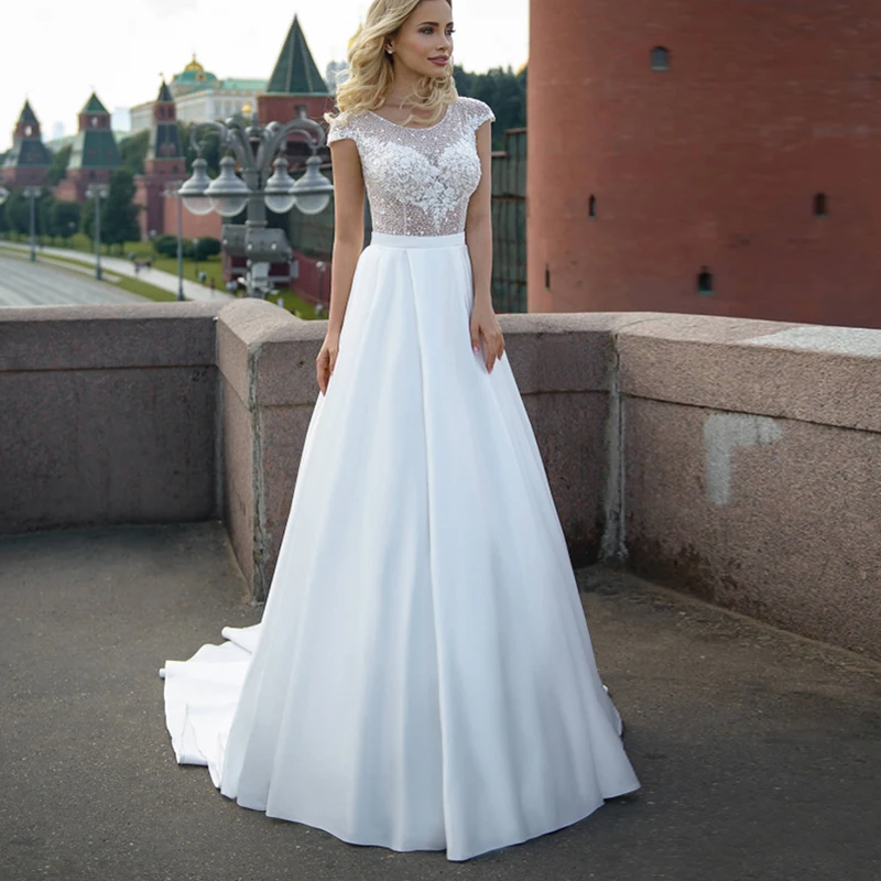 

Vestido De Noiva Modest Soft Satin Bateau Neckline A Line Wedding Dress 2021 Lace Appliques Sheer Bridal Dress Illusion Back