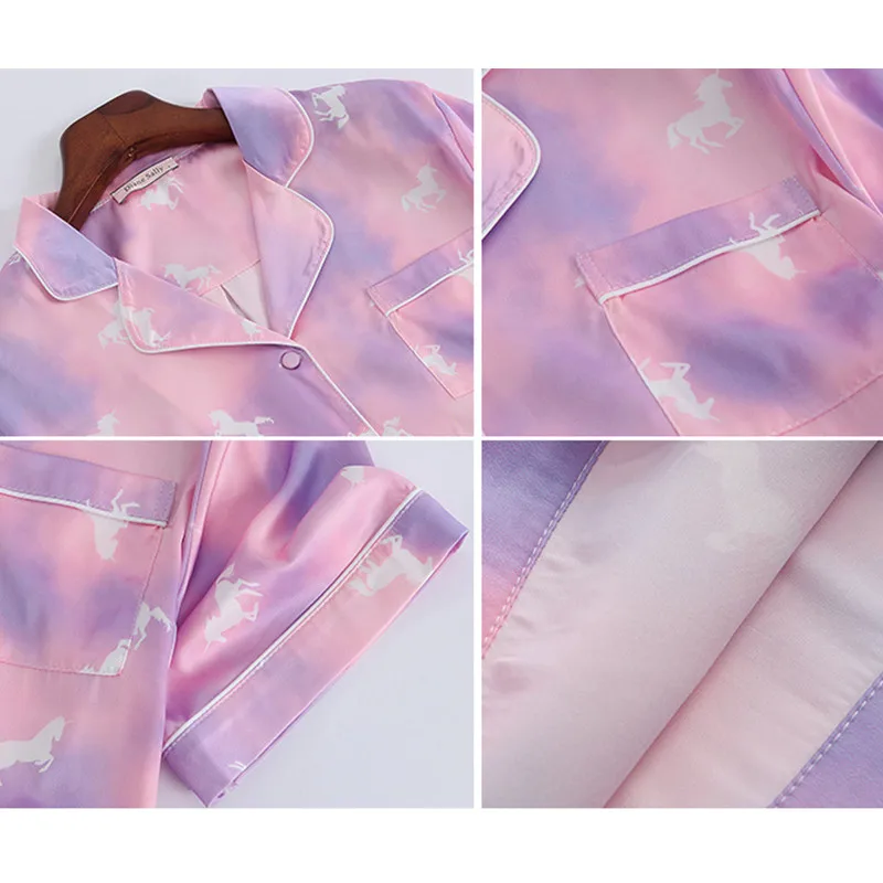 

Caiyier New 2020 Cute Purple Unicorn Silk Satin Pajamas Set Spring Winter Lovely Girl Underwear Women Fashion Christmas Homewear