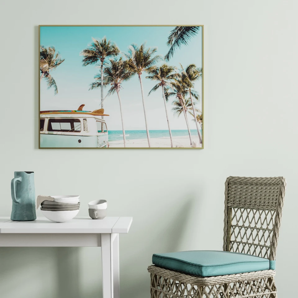 Scandinavian Tropical Landscape Posters Modern Prints Sea Beach Bus Palm Tree Wall Art Canvas Painting Nordic Decoration Picture | Дом и сад