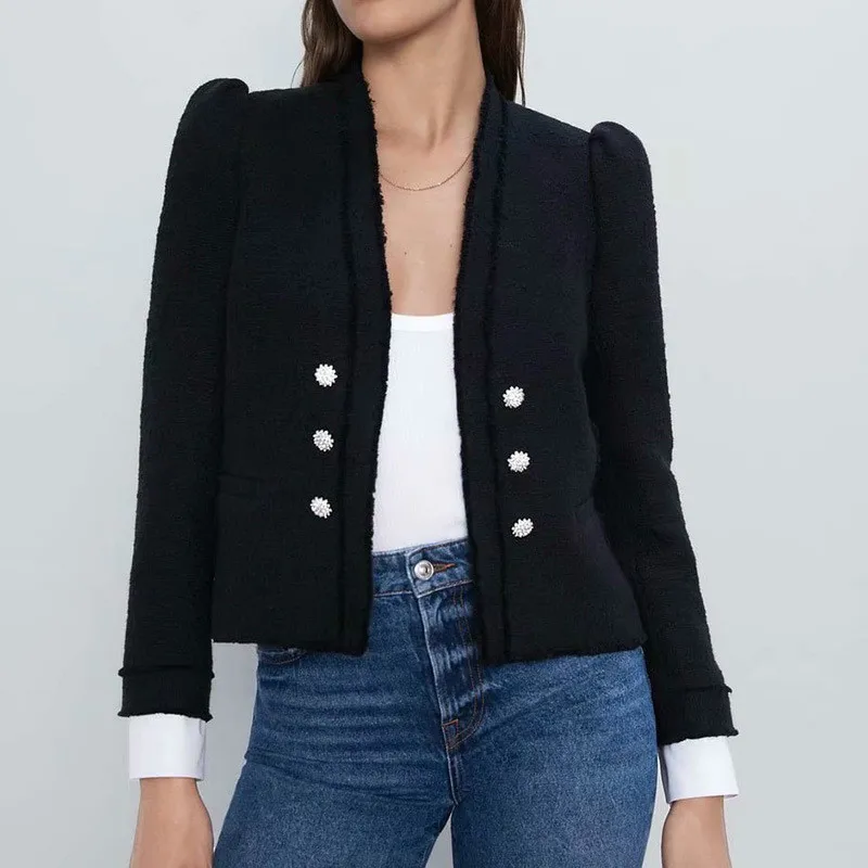 

European Woolen Blazers Women Knitted Soft Wool Short Jacket Fake Two Pieces Patchwork Sleeves Office Lady Double Breasted Coat