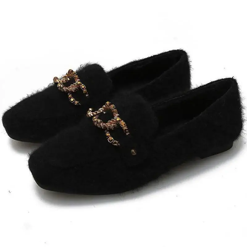 Мокасины женские плюшевые теплые меховые лоферы на плоской подошве без застежки