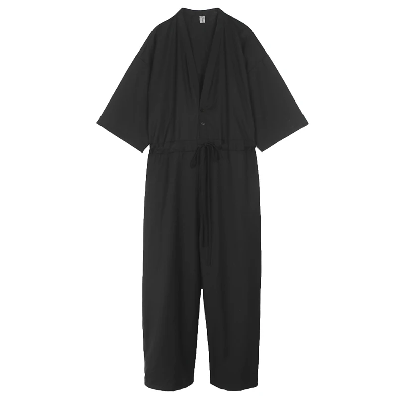 

M-XXL!Summer woody wind V-neck lace-up short-sleeved jumpsuit tide male Japanese ins loose nine points jumpsuit.